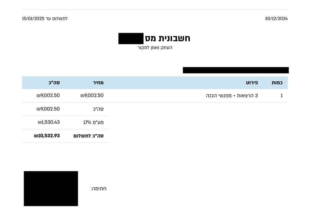צילום חשבונית מושחרת: חשבונית 10,533 ₪ · 3 הרצאות + מפגשי הכנה, ארגון גלובלי
