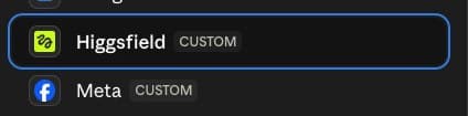 השורה של Higgsfield ברשימת הקונקטורים, עם התווית CUSTOM