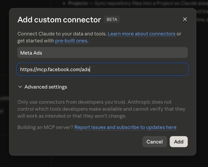 חלון Add custom connector, שדה השם מלא ב-Meta Ads ושדה הכתובת בכתובת של מטא