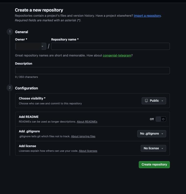 הטופס Create a new repository בגיטהאב: שדה שם, בחירת Private או Public, וכפתור Create repository