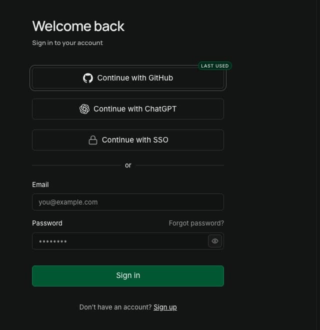 מסך הכניסה של Supabase: הכפתור הראשון הוא Continue with GitHub, מסומן Last used