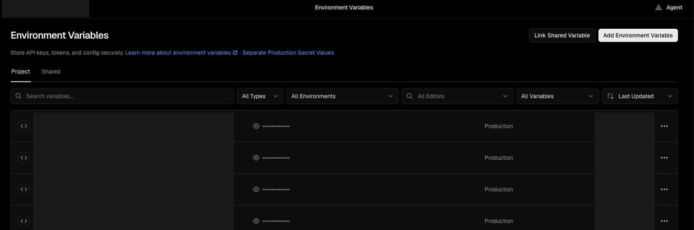 מסך Environment Variables בוורסל: שמות המשתנים הוסתרו לצורך פרטיות, הערכים מוסתרים בנקודות, וכל אחד מסומן Production