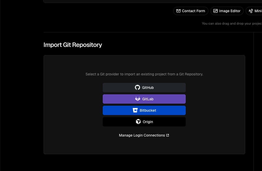 מסך New Project בוורסל: כותרת Let's build something new, ומתחתיה הפאנל Import Git Repository עם כפתור GitHub