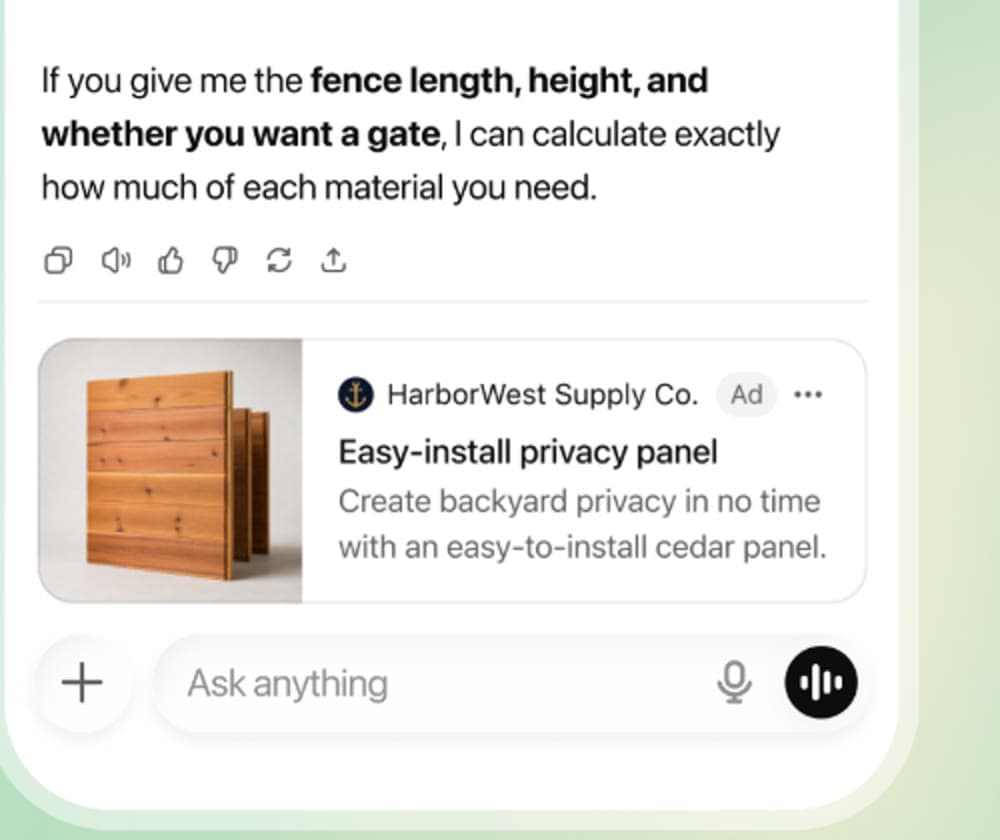 איור דוגמה מדף הפרסום של OpenAI: סוף תשובה של ChatGPT על בניית גדר, ומתחתיה כרטיס מודעה של ספק לוחות עץ עם התווית Ad