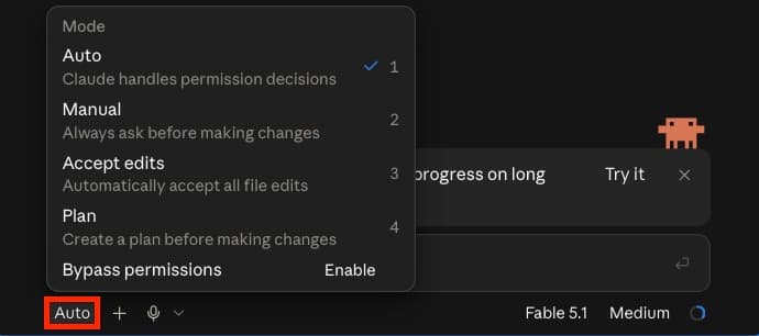 בורר ההרשאות ב-Code עם Auto, Manual, Accept edits, Plan ו-Bypass permissions