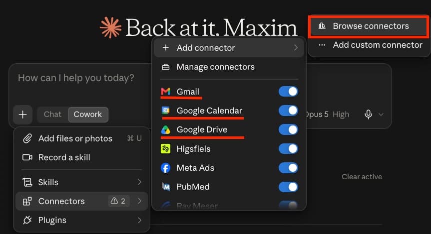 Cowork: פלוס, Connectors, Add connector ו-Browse connectors