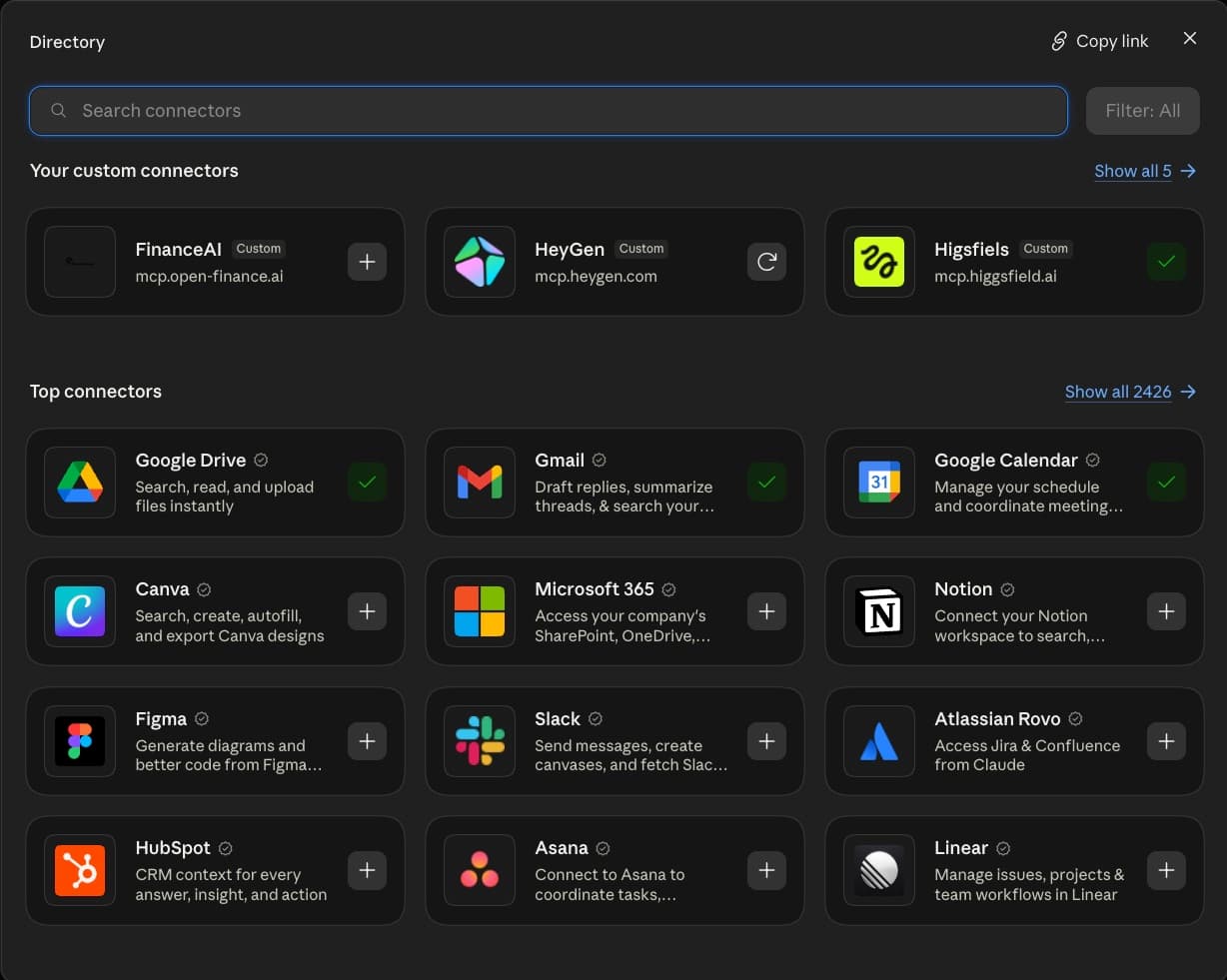 ספריית החיבורים Directory ובה Google Calendar, Google Drive, Gmail וכלים נוספים