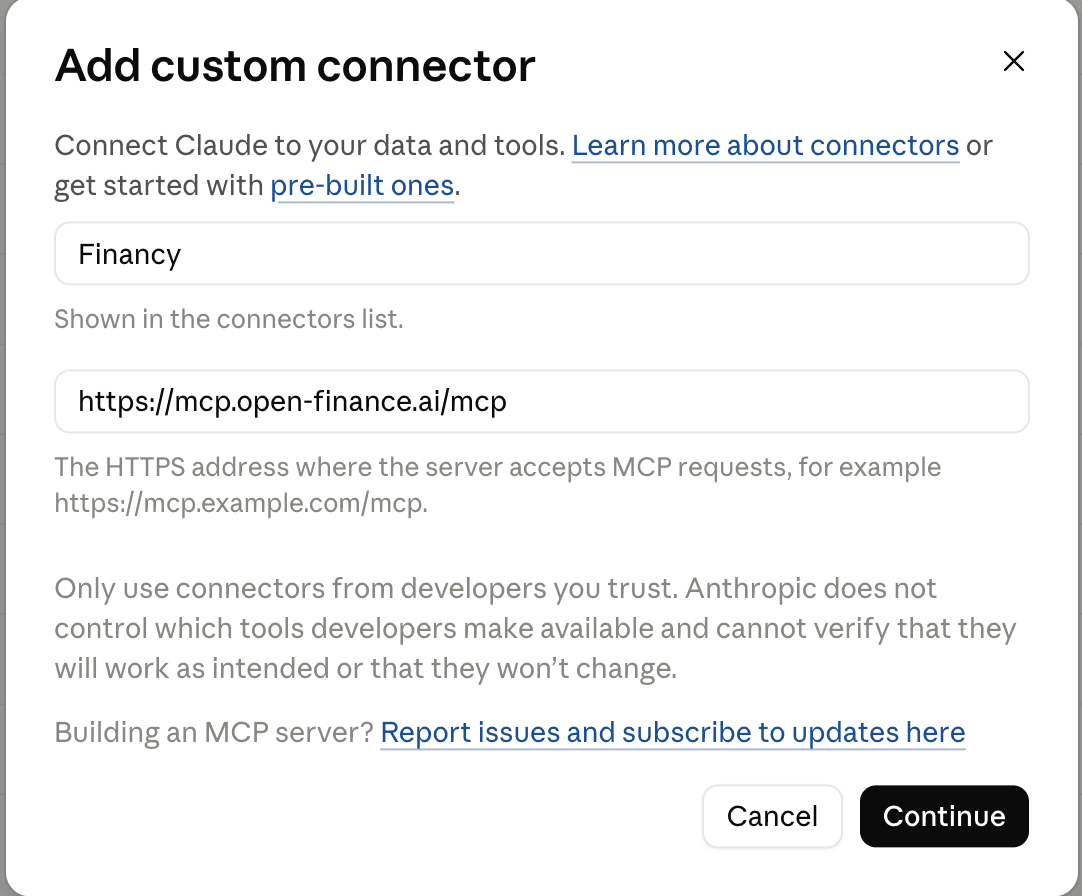 טופס Add custom connector בקלוד: השם Financy והכתובת mcp.open-finance.ai/mcp מולאו