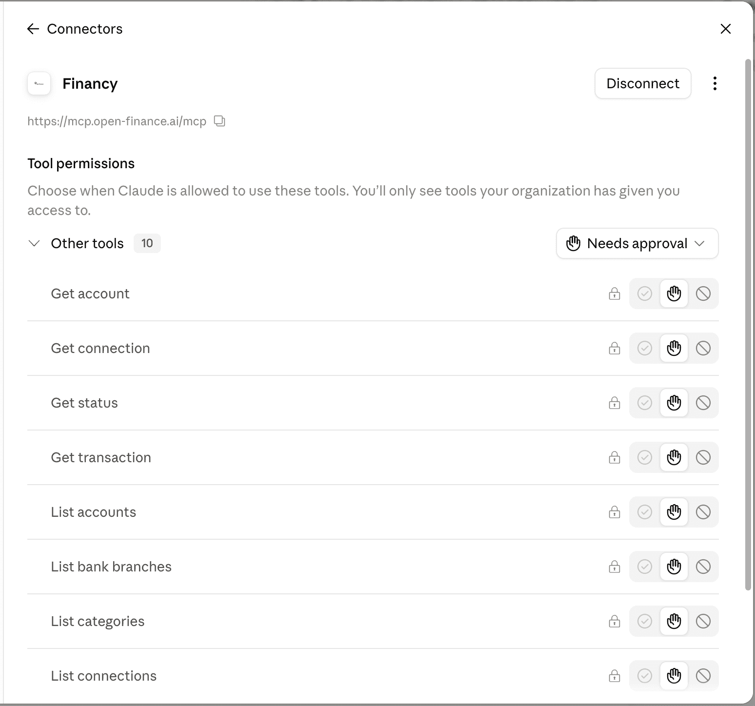 מסך הקונקטור Financy בקלוד: רשימת כלי קריאה כמו List accounts ו-Get transaction, כולם במצב Needs approval