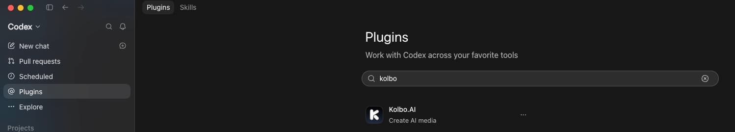 חיפוש Kolbo בחנות התוספים של Codex והתוצאה Kolbo.AI