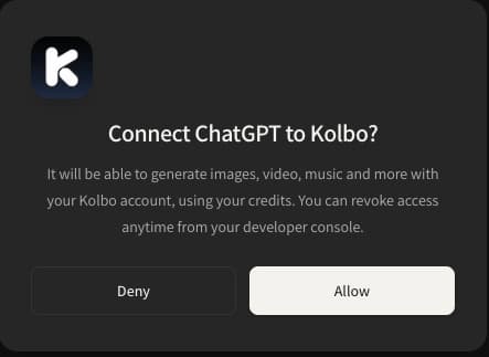 חלון הרשאת Kolbo עם כפתורי Allow ו-Deny והסבר על שימוש בקרדיטים