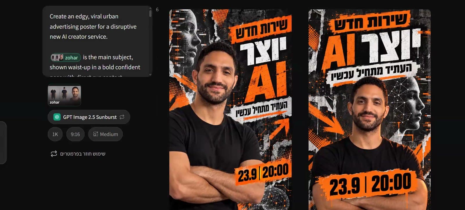 מודעות תמונה של זוהר ונונו שנוצרו בקולבו: ״שירות חדש, יוצר AI, העתיד מתחיל עכשיו, 23.9 20:00״, לצד הפרומפט שקובי כתב