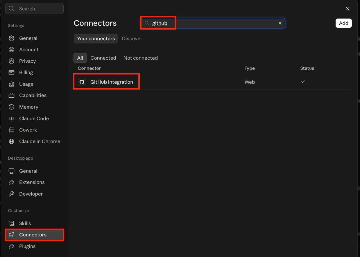 לשונית Your connectors בקלוד עם GitHub Integration מחובר