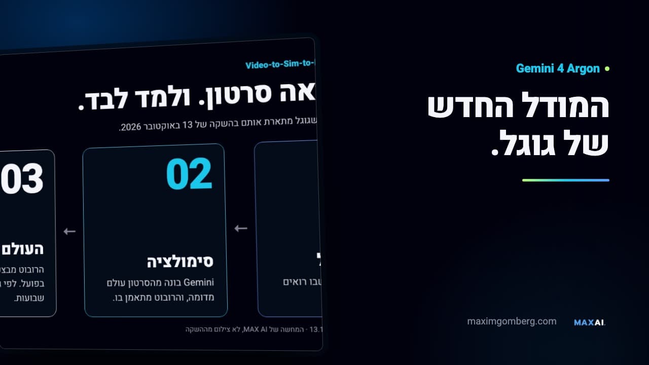 תמונת תצוגה כהה למאמר: הכיתוב ״המודל החדש של גוגל.״ ולצדו המחשה של שלושת השלבים: סרטון, סימולציה, העולם האמיתי