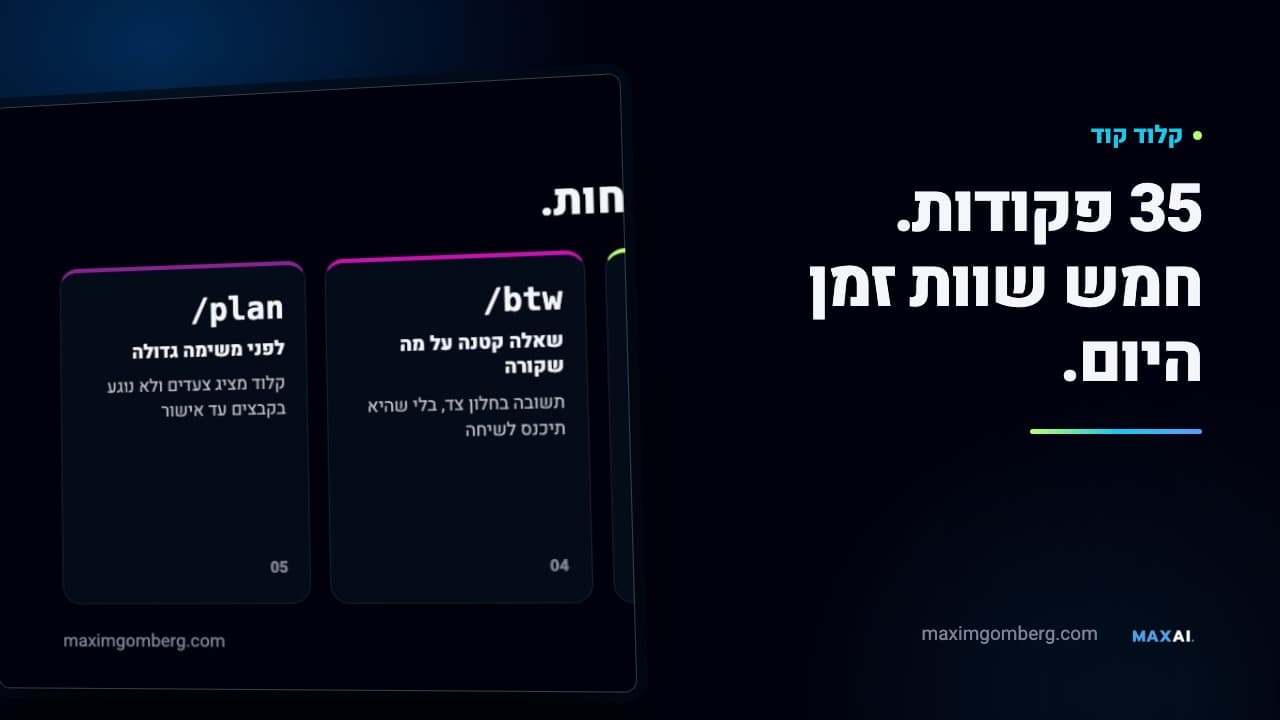 תמונת תצוגה כהה: כרטיסי חמש הפקודות עם הכיתוב ״35 פקודות. חמש מחזירות זמן היום.״