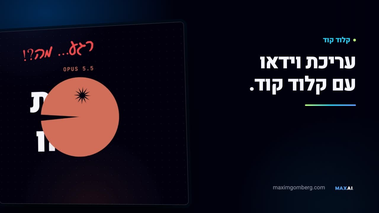 תמונת תצוגה כהה למדריך: הכיתוב ״עריכת וידאו עם קלוד קוד״ ולצדו פריים מהריל שבו פקמן כתום בולע את הכותרת ״תעשיית הווידאו״